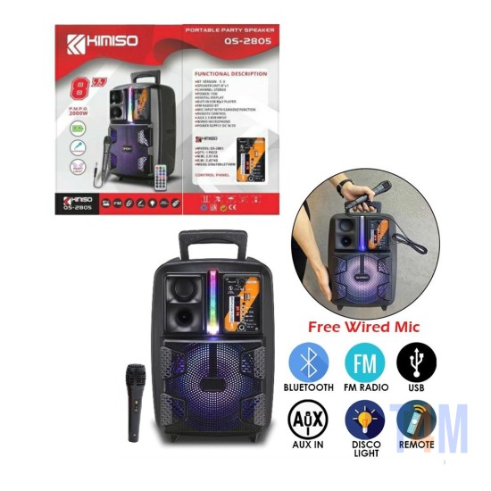 SPEAKER KIMISO QS-2805 8" WITH MICROPHONE AND REMOTE 